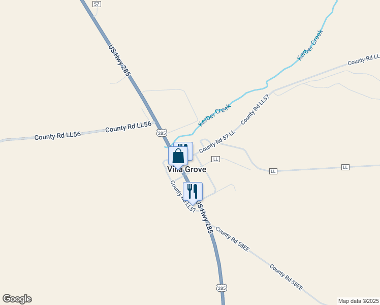 map of restaurants, bars, coffee shops, grocery stores, and more near 16 Vlg Blk 2 in Villa Grove