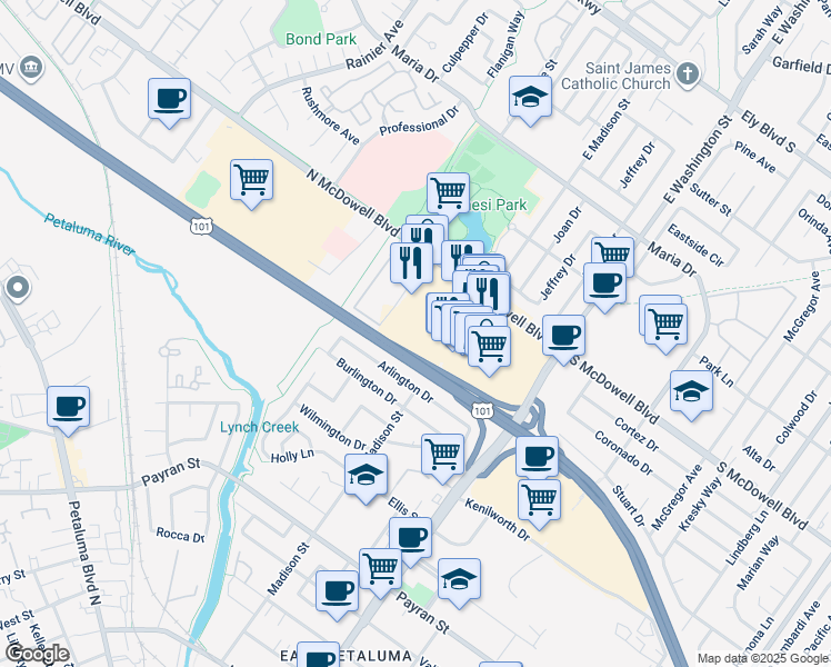 map of restaurants, bars, coffee shops, grocery stores, and more near 261 North McDowell Boulevard in Petaluma