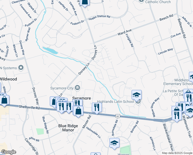 map of restaurants, bars, coffee shops, grocery stores, and more near 10755 Colonial Woods Court in Louisville