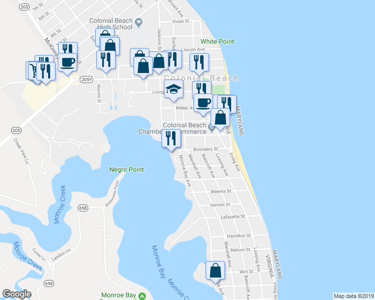 map of restaurants, bars, coffee shops, grocery stores, and more near 0 Marshall Avenue in Colonial Beach