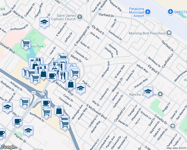 map of restaurants, bars, coffee shops, grocery stores, and more near 200 Greenbriar Circle in Petaluma