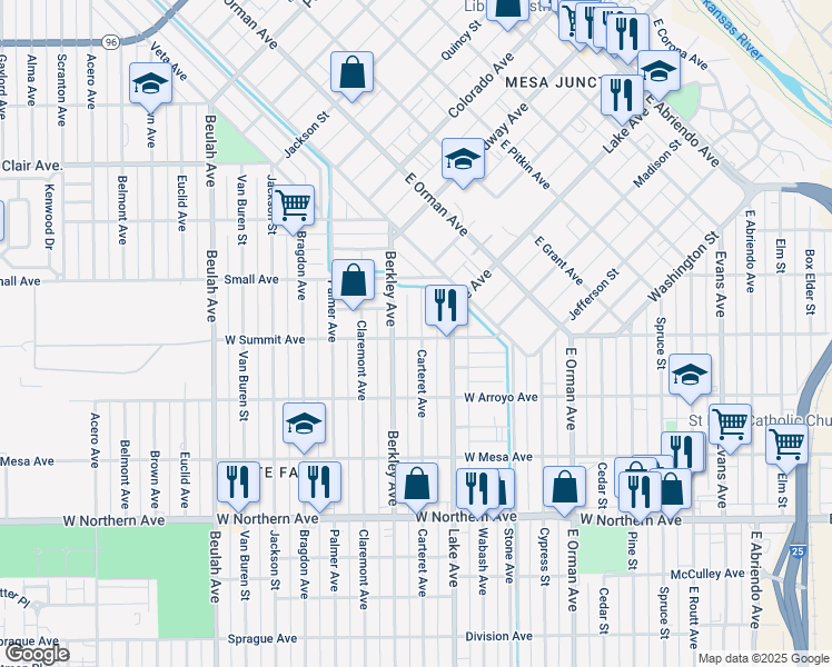 map of restaurants, bars, coffee shops, grocery stores, and more near 1301 West Summit Avenue in Pueblo