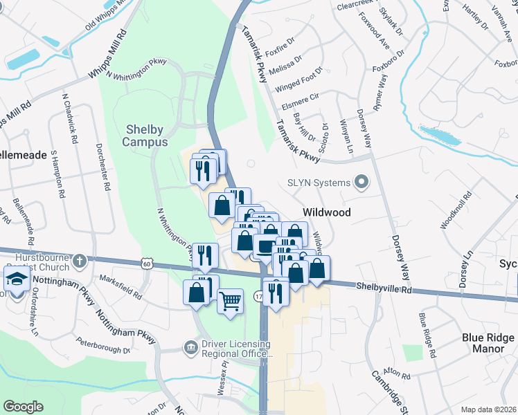 map of restaurants, bars, coffee shops, grocery stores, and more near 9846 Longwood Circle in Louisville