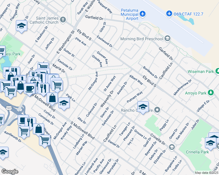 map of restaurants, bars, coffee shops, grocery stores, and more near 1625 Saint Anne Way in Petaluma