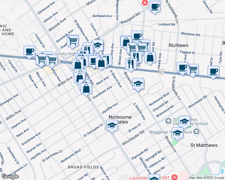 map of restaurants, bars, coffee shops, grocery stores, and more near 229 Fairfax Avenue in Louisville