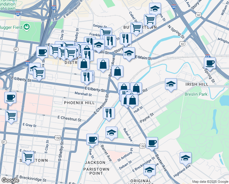 map of restaurants, bars, coffee shops, grocery stores, and more near East Liberty Street in Louisville