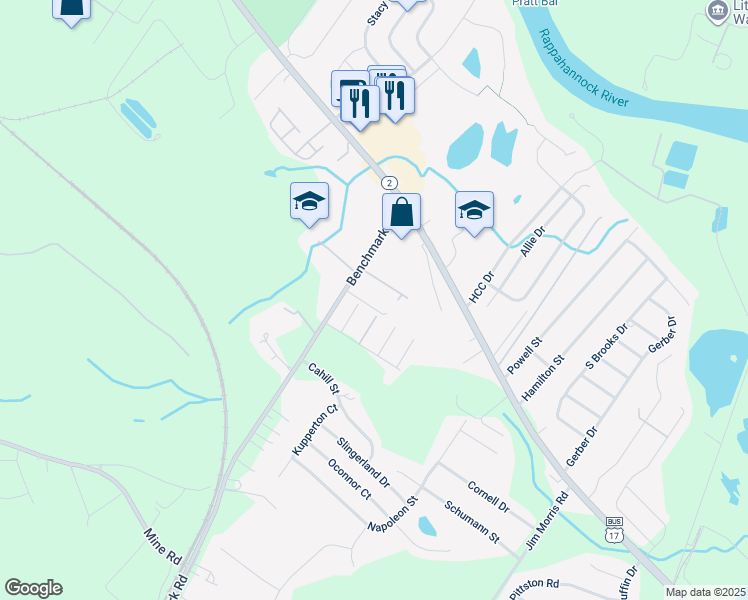map of restaurants, bars, coffee shops, grocery stores, and more near 10613 Jade Lane in Fredericksburg