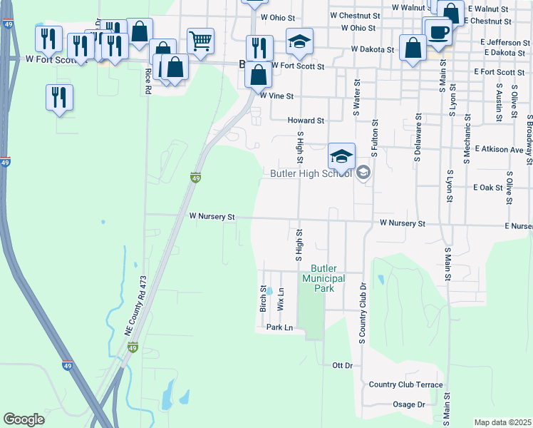 map of restaurants, bars, coffee shops, grocery stores, and more near 612 West Nursery Street in Butler