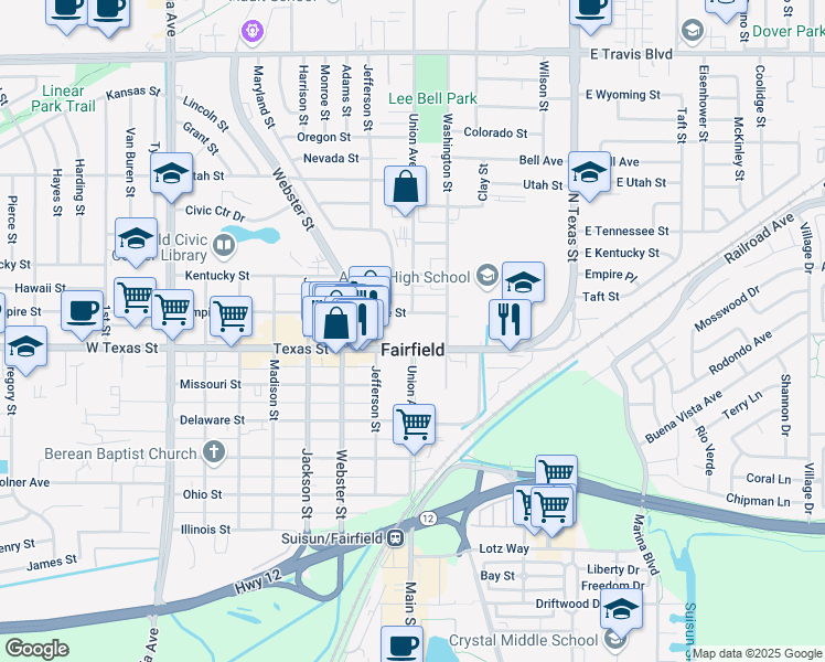 map of restaurants, bars, coffee shops, grocery stores, and more near 580 Texas Street in Fairfield