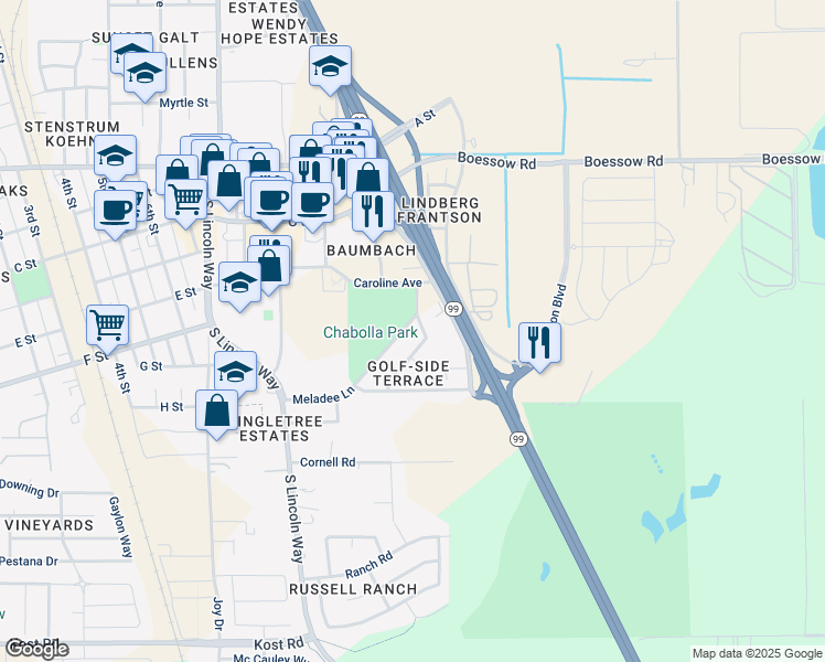 map of restaurants, bars, coffee shops, grocery stores, and more near 960 Meladee Lane in Galt