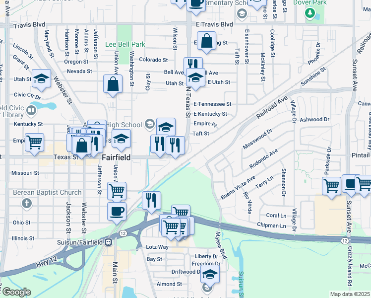 map of restaurants, bars, coffee shops, grocery stores, and more near 740 North Texas Street in Fairfield
