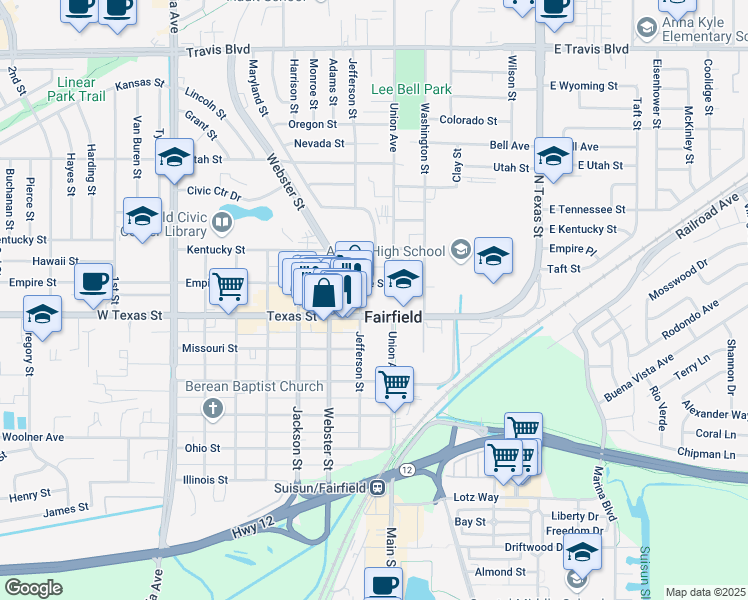 map of restaurants, bars, coffee shops, grocery stores, and more near 600 Texas Street in Fairfield