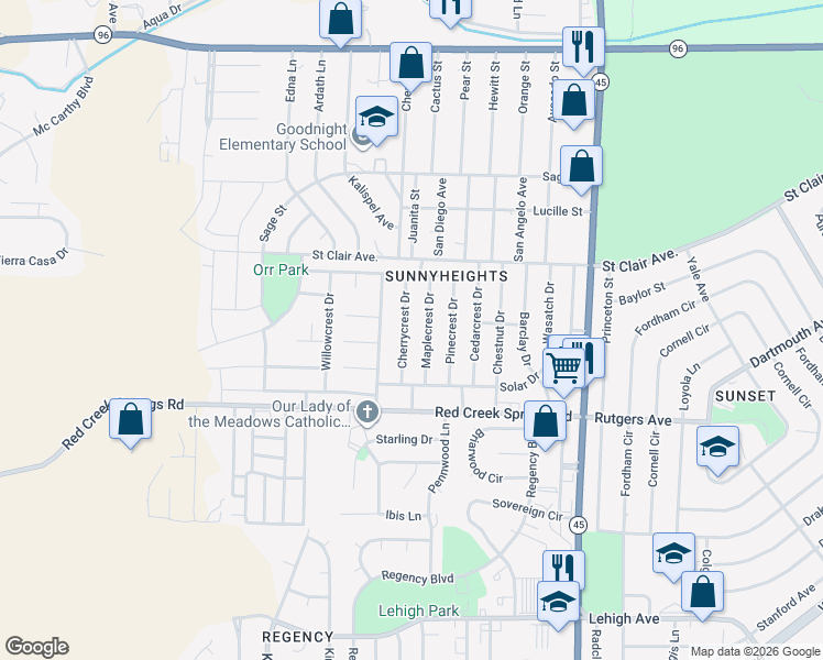 map of restaurants, bars, coffee shops, grocery stores, and more near 939 Maplecrest Drive in Pueblo