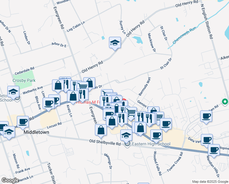 map of restaurants, bars, coffee shops, grocery stores, and more near 12115 Shelbyville Road in Louisville