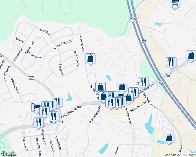 map of restaurants, bars, coffee shops, grocery stores, and more near 10609 Buckingham Drive in Fredericksburg