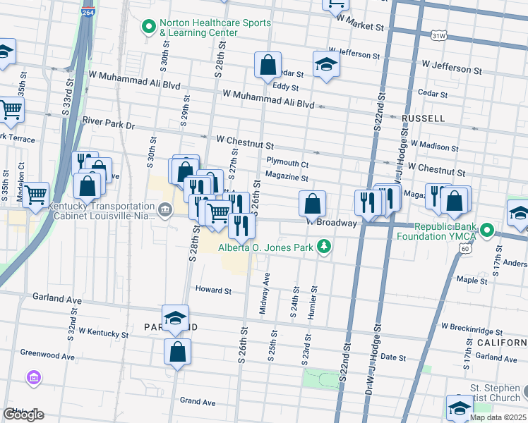 map of restaurants, bars, coffee shops, grocery stores, and more near 2521 West Broadway in Louisville