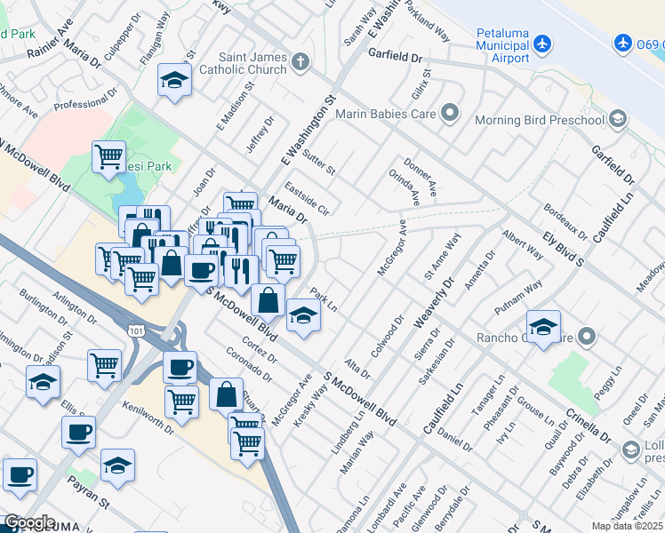 map of restaurants, bars, coffee shops, grocery stores, and more near 540 Greenbriar Circle in Petaluma