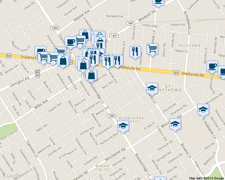map of restaurants, bars, coffee shops, grocery stores, and more near 3941 Grandview Avenue in Louisville