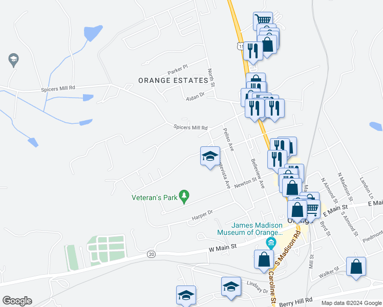 map of restaurants, bars, coffee shops, grocery stores, and more near 14831 Porterfield Drive in Orange