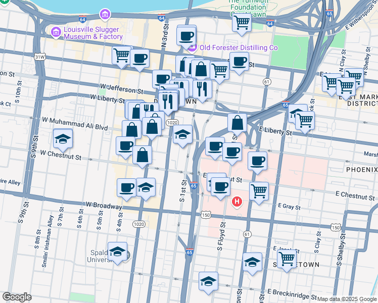 map of restaurants, bars, coffee shops, grocery stores, and more near in Louisville