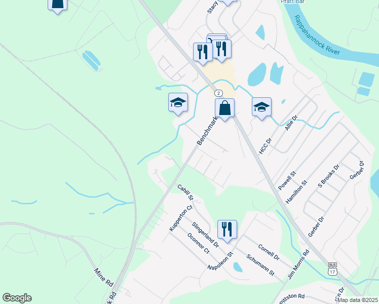 map of restaurants, bars, coffee shops, grocery stores, and more near 10524 Benchmark Road in Fredericksburg