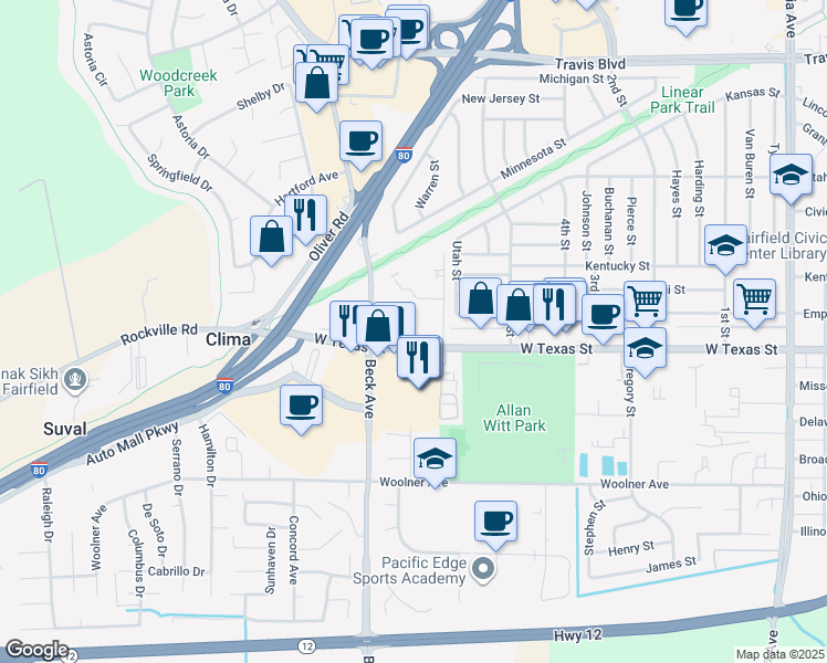 map of restaurants, bars, coffee shops, grocery stores, and more near 2100 West Texas Street in Fairfield
