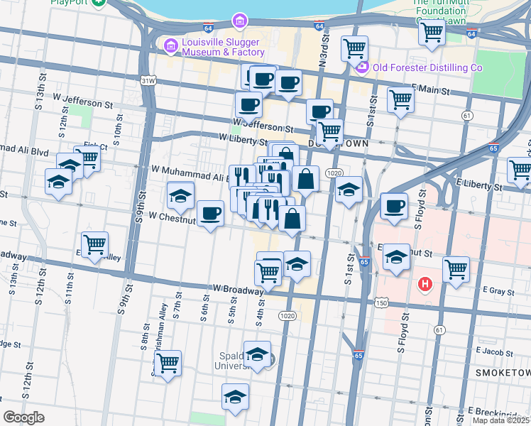 map of restaurants, bars, coffee shops, grocery stores, and more near 540 South 4th Street in Louisville