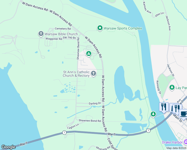 map of restaurants, bars, coffee shops, grocery stores, and more near 30455 West Dam Access Road in Warsaw