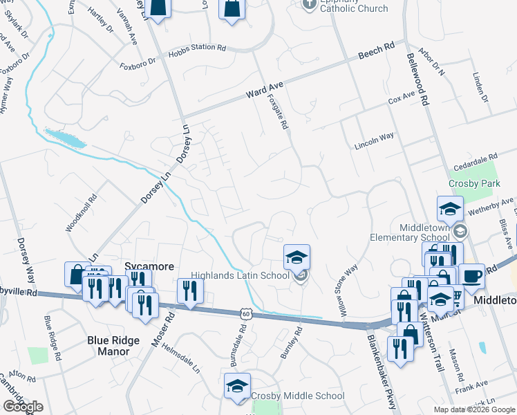 map of restaurants, bars, coffee shops, grocery stores, and more near 505 Foxgate Road in Louisville