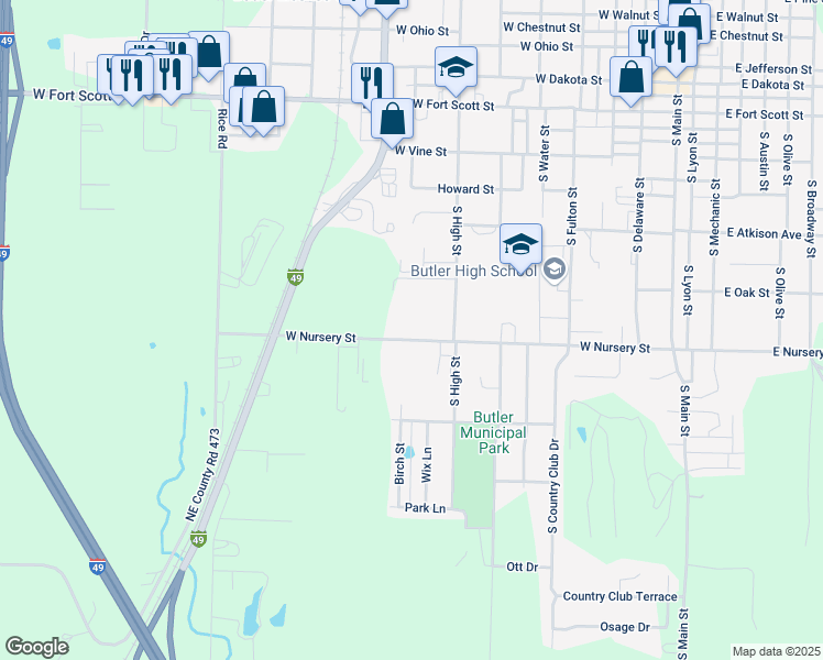 map of restaurants, bars, coffee shops, grocery stores, and more near 612 West Nursery Street in Butler