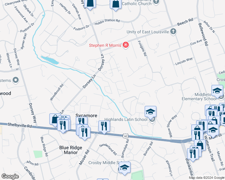 map of restaurants, bars, coffee shops, grocery stores, and more near 10717 Colonial Woods Court in Louisville