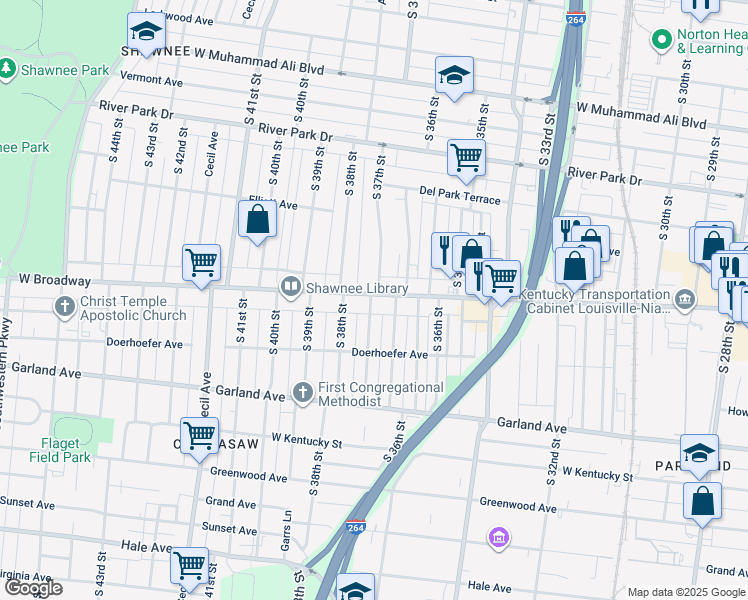map of restaurants, bars, coffee shops, grocery stores, and more near 3718 West Broadway in Louisville