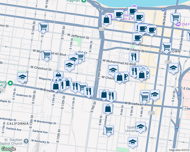map of restaurants, bars, coffee shops, grocery stores, and more near Village West Drive in Louisville