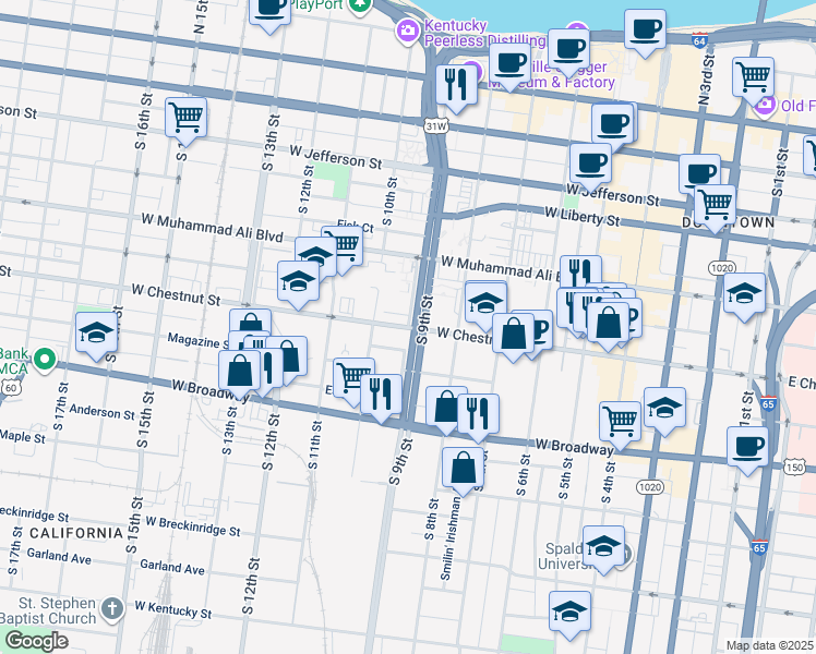 map of restaurants, bars, coffee shops, grocery stores, and more near Village West Drive in Louisville