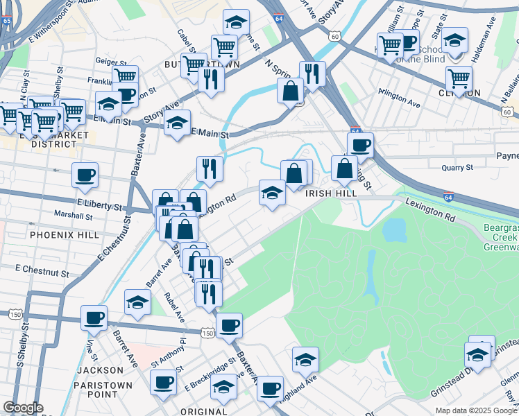 map of restaurants, bars, coffee shops, grocery stores, and more near 1341 Hull Street in Louisville