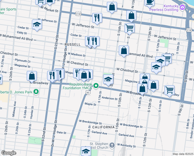 map of restaurants, bars, coffee shops, grocery stores, and more near 1718 Magazine Street in Louisville