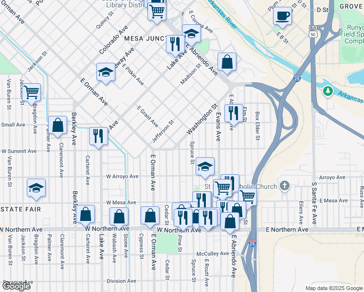map of restaurants, bars, coffee shops, grocery stores, and more near 501 Washington Street in Pueblo