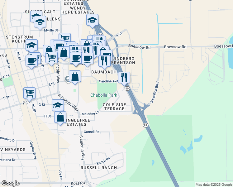 map of restaurants, bars, coffee shops, grocery stores, and more near 960 Meladee Lane in Galt