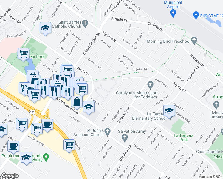 map of restaurants, bars, coffee shops, grocery stores, and more near 601 Greenbriar Circle in Petaluma