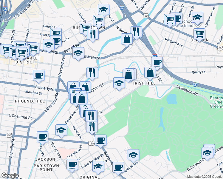 map of restaurants, bars, coffee shops, grocery stores, and more near 1341 Hull Street in Louisville