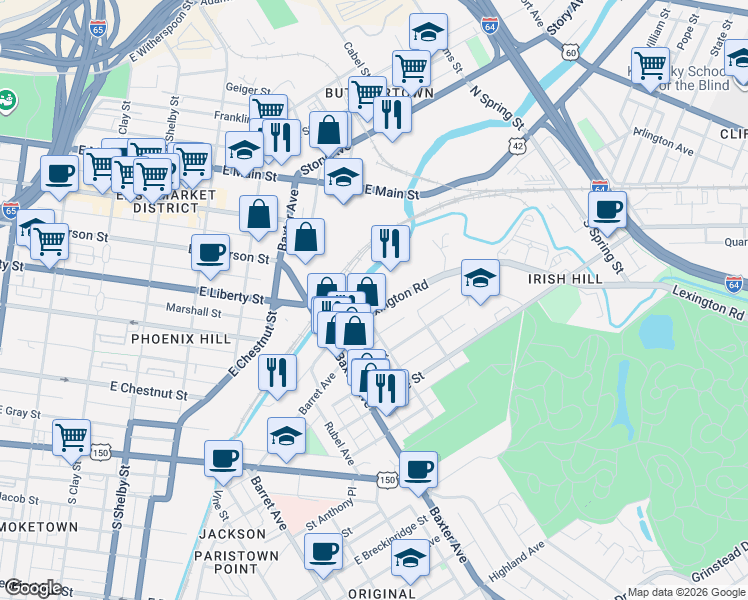 map of restaurants, bars, coffee shops, grocery stores, and more near 1139 Lexington Road in Louisville