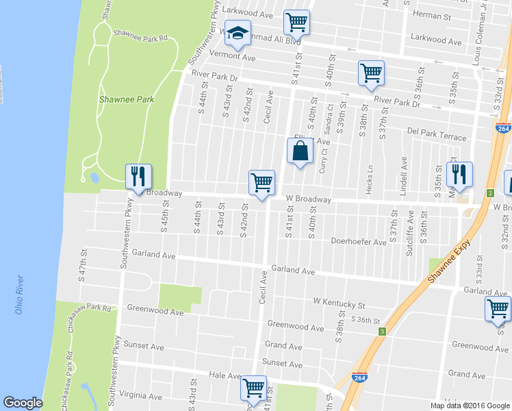 map of restaurants, bars, coffee shops, grocery stores, and more near 4132 West Broadway in Louisville