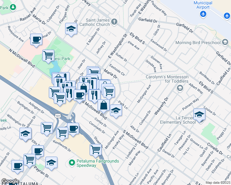 map of restaurants, bars, coffee shops, grocery stores, and more near 47 Maria Drive in Petaluma
