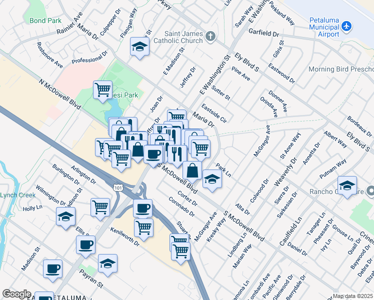 map of restaurants, bars, coffee shops, grocery stores, and more near 359 South McDowell Boulevard in Petaluma