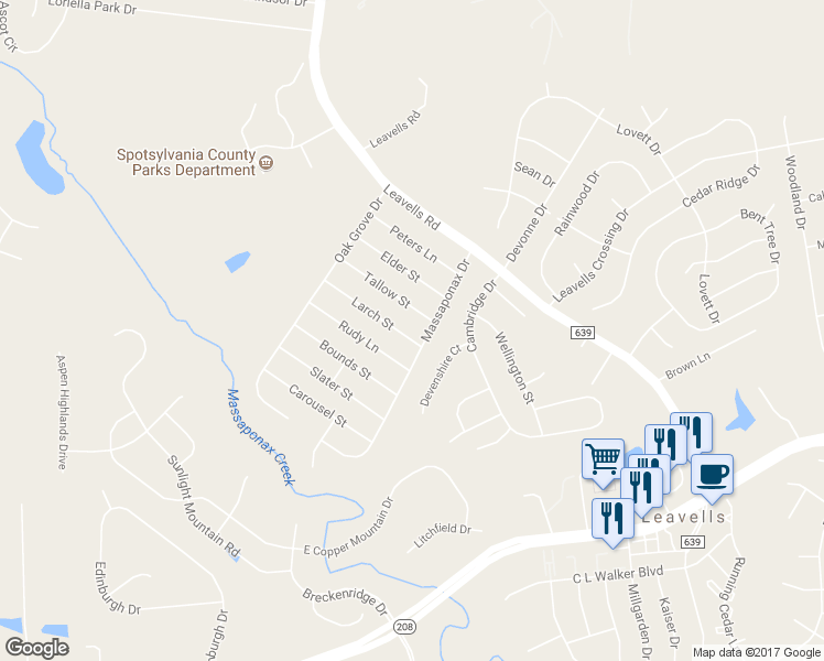 map of restaurants, bars, coffee shops, grocery stores, and more near 5503 Larch Street in Fredericksburg