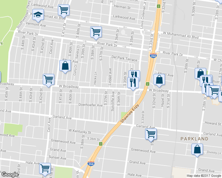 map of restaurants, bars, coffee shops, grocery stores, and more near 3622 West Broadway in Louisville