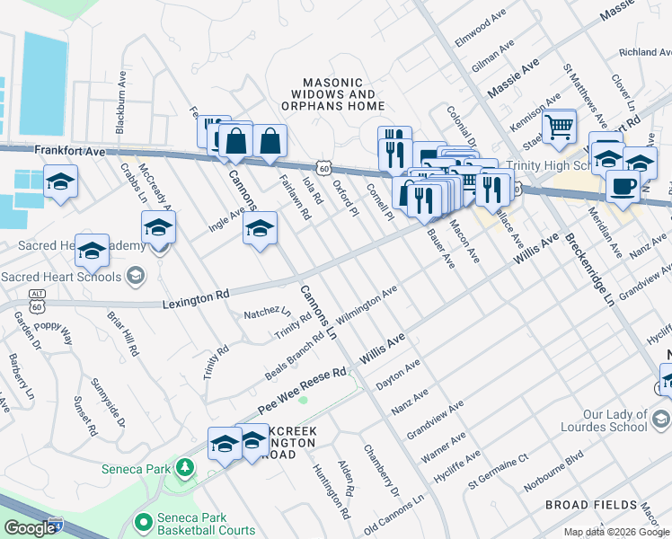 map of restaurants, bars, coffee shops, grocery stores, and more near 3426 Lexington Road in Louisville