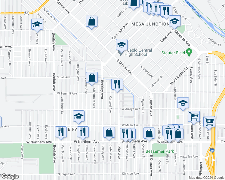 map of restaurants, bars, coffee shops, grocery stores, and more near 940 Carteret Avenue in Pueblo