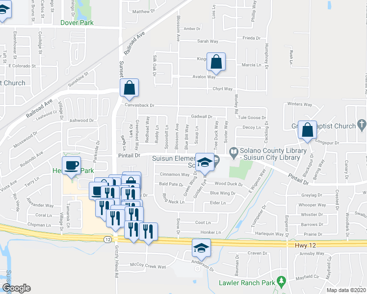 map of restaurants, bars, coffee shops, grocery stores, and more near 804 Blue Bill Way in Suisun City