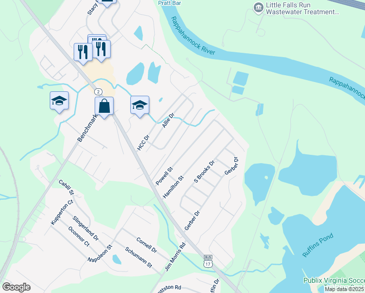 map of restaurants, bars, coffee shops, grocery stores, and more near 303 Powell Street in Fredericksburg